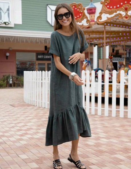 Льняное платье женское с карманами и круглым вырезом горловины, фото 4