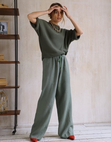 Льняные брюки прямого силуэта с регулируемой лентой в поясе, фото 2