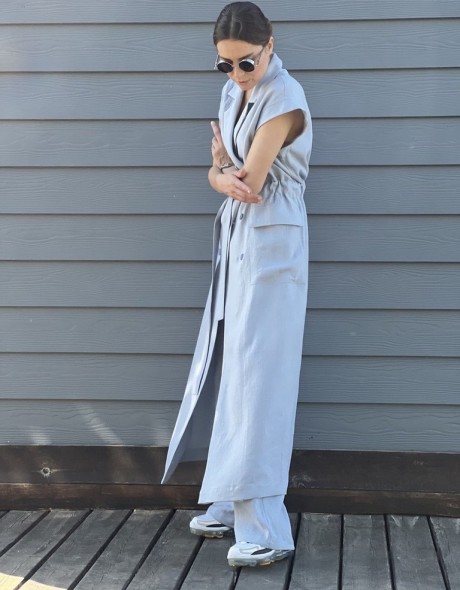 Льняное платье на пуговицах с регулируемым поясом и карманами, фото 2